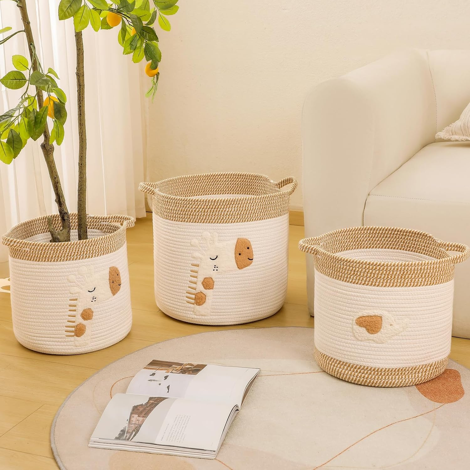Large Blanket Baskets for Living Room Decor, Toy Storage Baskets Woven Cotton Rope Storage Basket for Kids, Dog Toys Organizer Clothes Hamper with Embroidery Decor for Nurserylaundry (Large, Giraffe) image number 1
