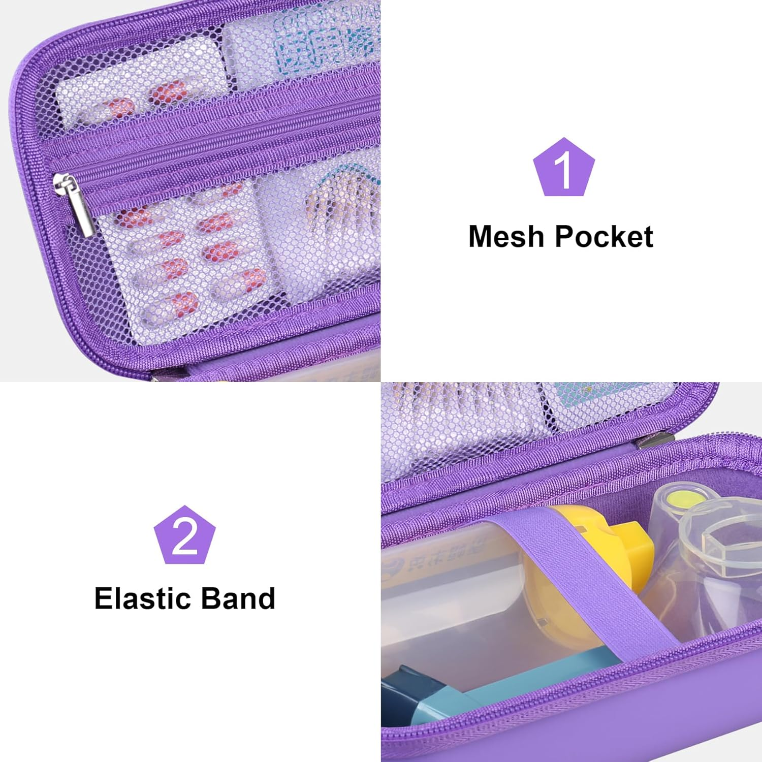 Canboc Travel Carrying Case for Asthma Inhaler, Handheld Spacer for Adults and Kids, Masks, Hard Inhaler Case with Mesh Pocket Fit Medicine and Other Essentials, Purple (Case Only) image number 6
