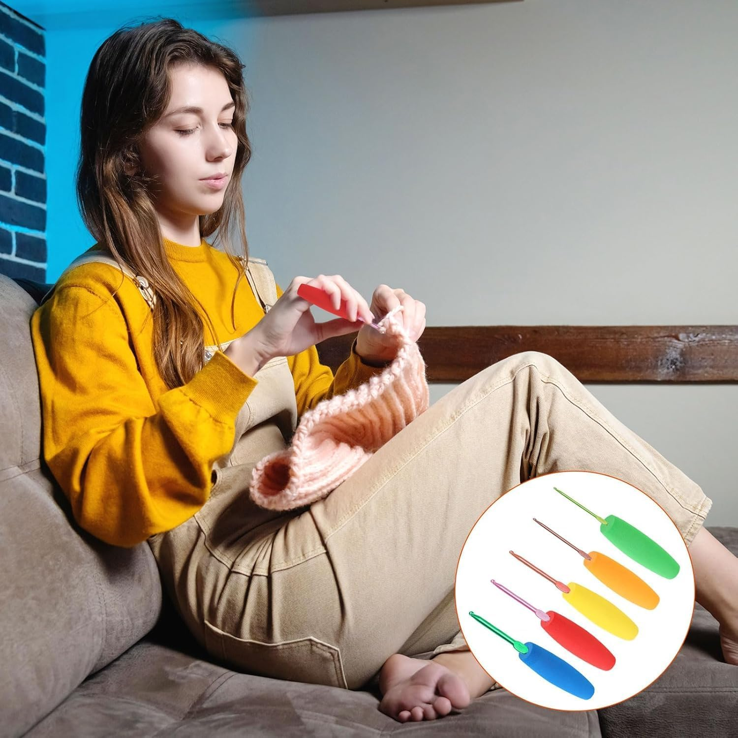 Linyongc EVA Crochet Hook Grips, 5Pcs Anti-Slip, Soft, Fits 2Mm-10Mm Hooks, Green, Orange, Yellow, Red, Blue image number 1