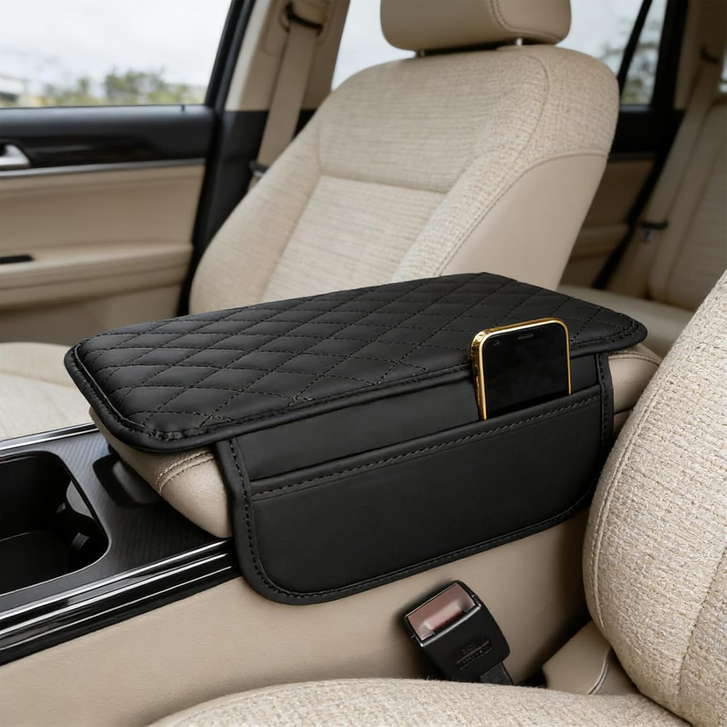 Upgraded Car Center Console Cover Microfiber Leather Armrest Cover Cushion with 2 Storage Bags Car Armrest Storage Box Car Interior Accessories for Most Vehicles Black Padded Armrest Protector image number 1