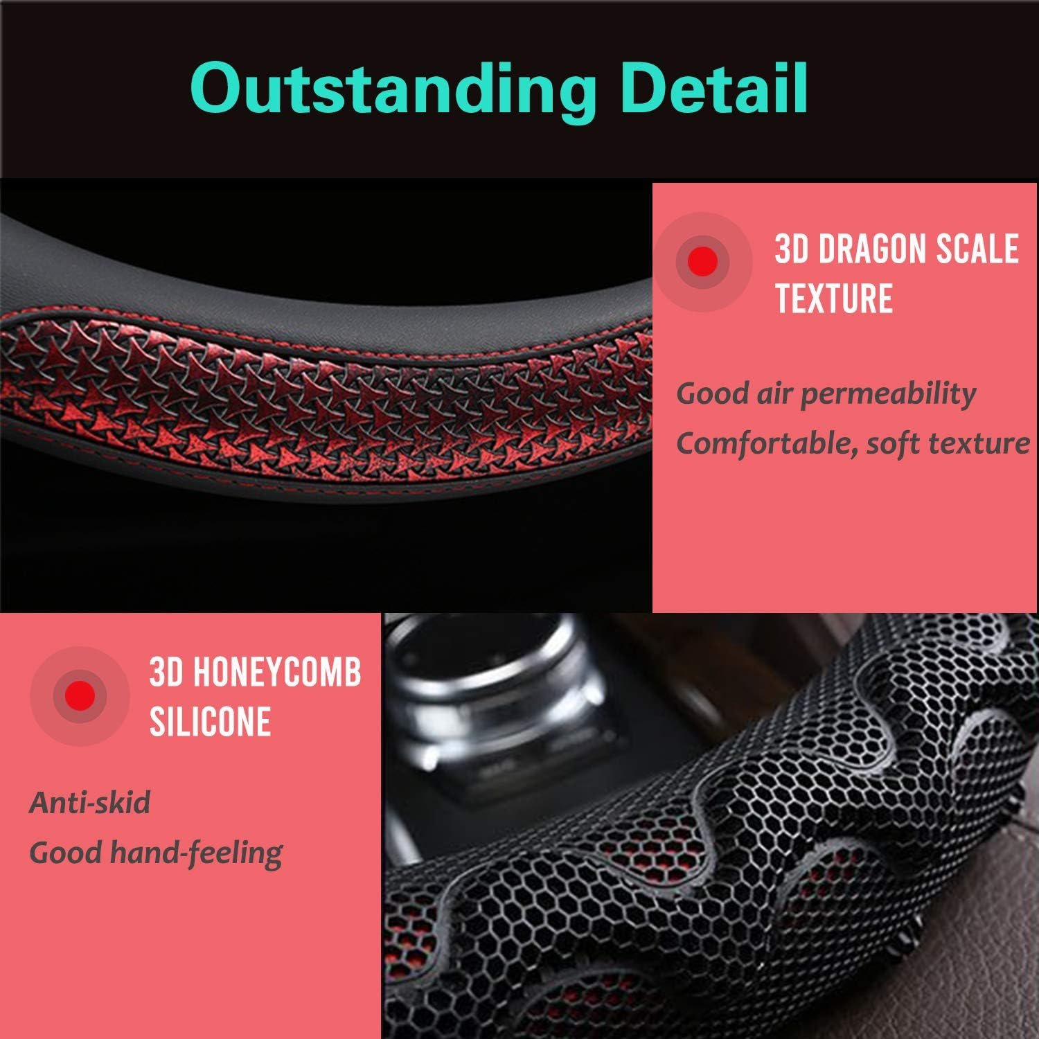 PINCTROT Steering Wheel Cover Great Grip with 3D Honeycomb Anti-Slip Design, Universal 15 Inch (Wine Red) image number 2