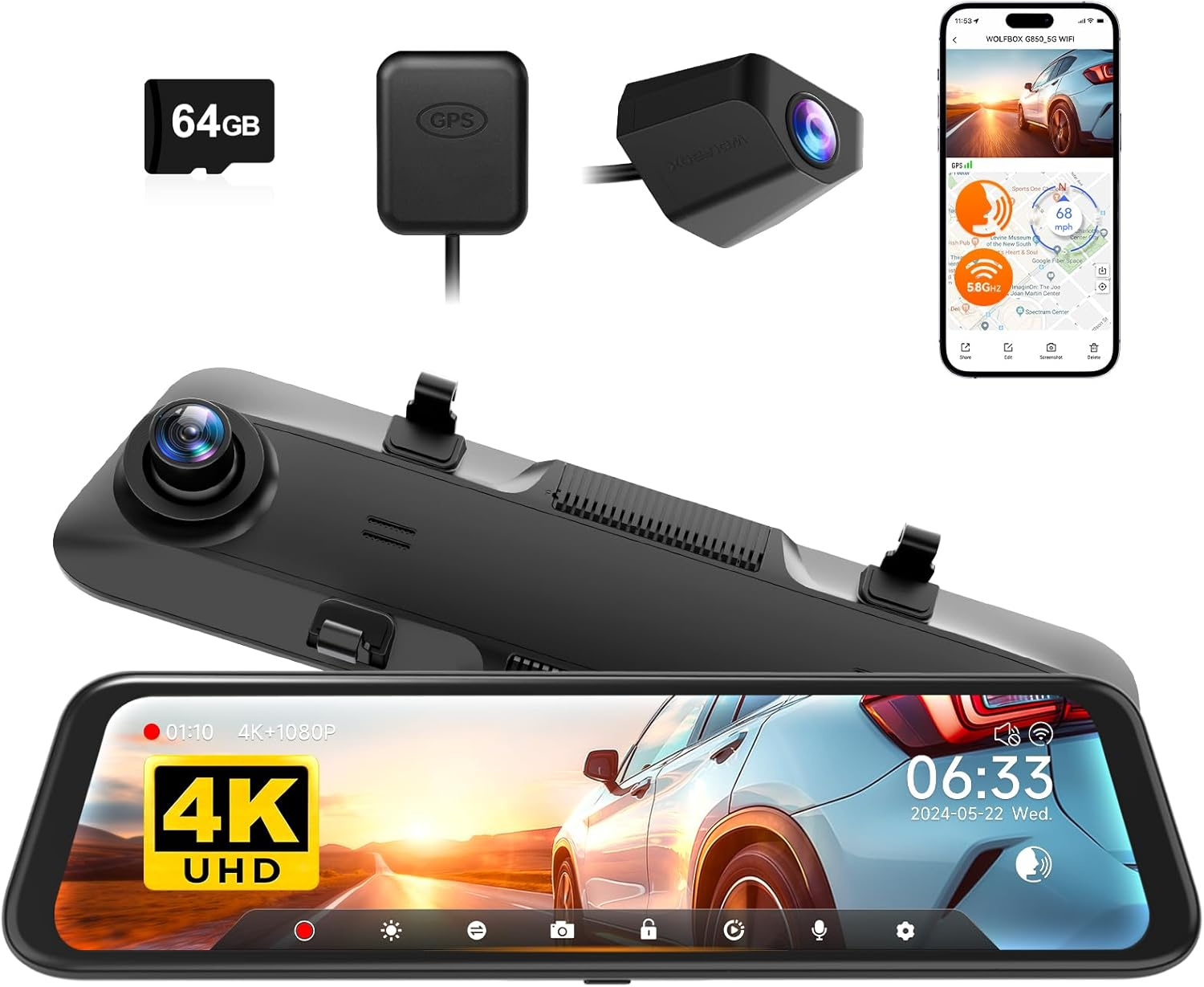 WOLFBOX G850 12" 4K Mirror Dash Cam Front and Rear with 5.8Ghz Wifi and Voice Control, Smart Mirror Dash Camera with 1080P Rear Camera, Dash Cam with WDR, Includes 64GB Card & GPS image number 5