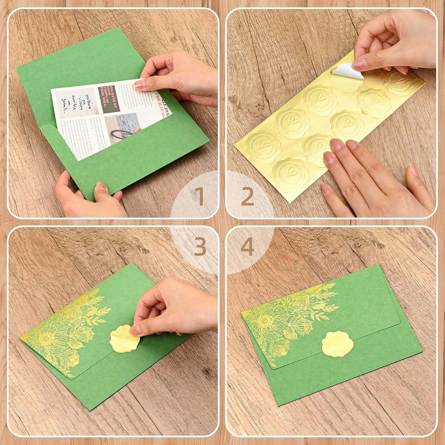 BAYTORY 10 Packs 4X6 Vintage Envelopes with Golden Flower Pattern, A6 Envelopes for Invitation, Greeting Card Envelope with Sealing Stickers for Weddings, Birthday, Graduation, Christmas (Green) image number 6
