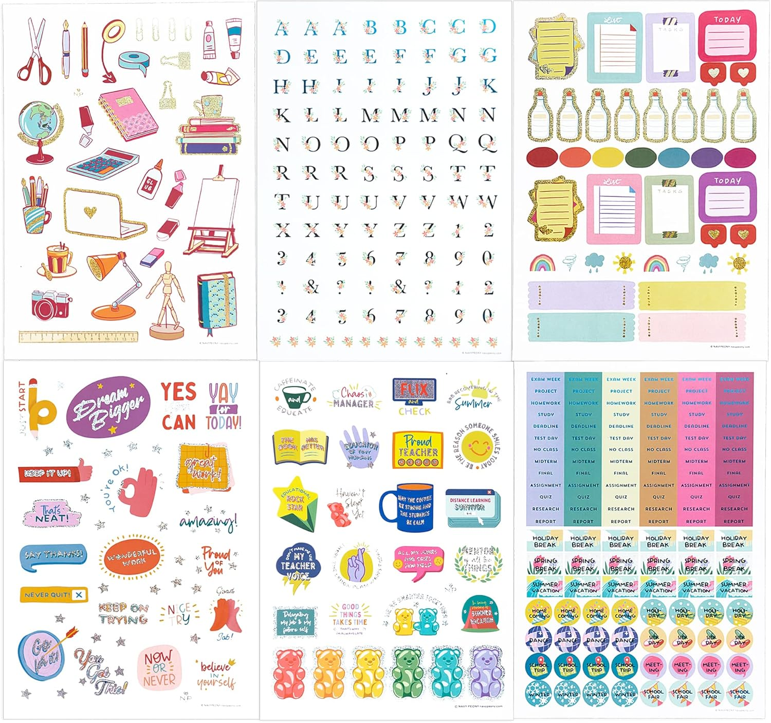 Navy Peony Groovy Back to School Planner Stickers (6 Sheets, 370+ Pieces) - Vibrant, Waterproof, Glitter Foil | Alphabet, Tracker, and Reward Stickers for Teachers, Students image number 2