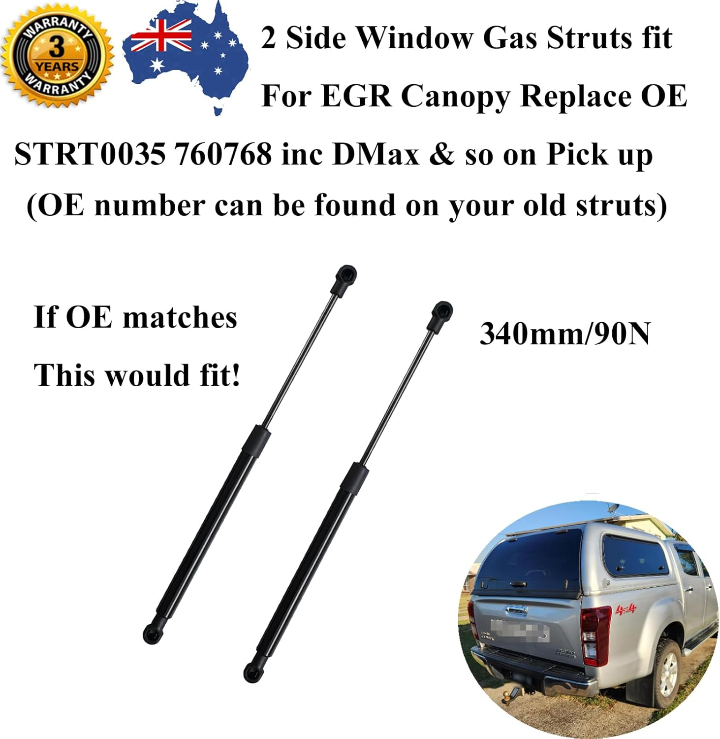 Pair 340Mm 90Newtons Side Window Gas Struts Replace OE STRT0035 760768 for EGR Canopy UTE Pick up Inc D-Max image number 2