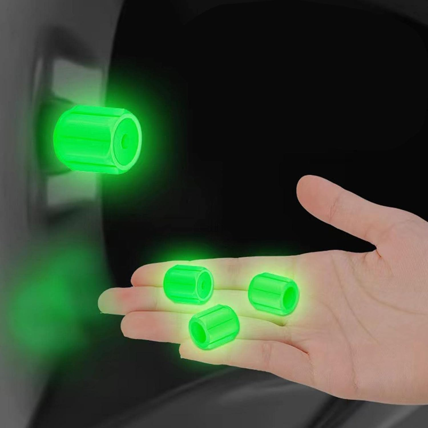4Pcs Yellow Luminous Tyre Valve Caps Car Motorcycle Glowing Hub Cover Wheel Styling Tool Tyre Valve Car Accessories Valve Caps Accessories and Parts image number 4