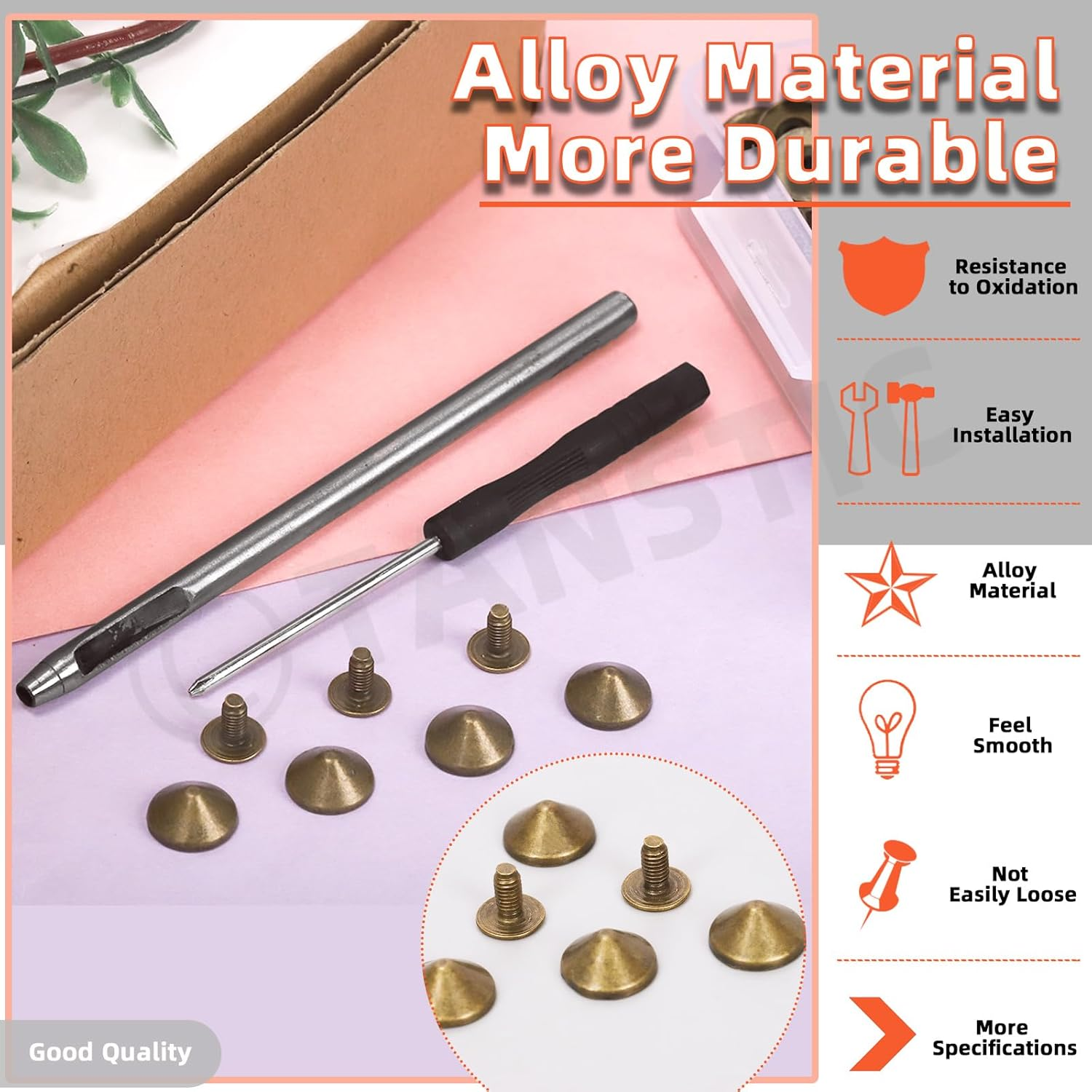 Tanstic 100 Sets(202Pcs) Bronze Cone Spikes and Studs Kit, 10 X 4.7Mm Metal Spikes and Studs Bullet Cone Spikes Studs Screw Back Punk Studs with Installation Tools for Leather Craft - Bronze image number 2