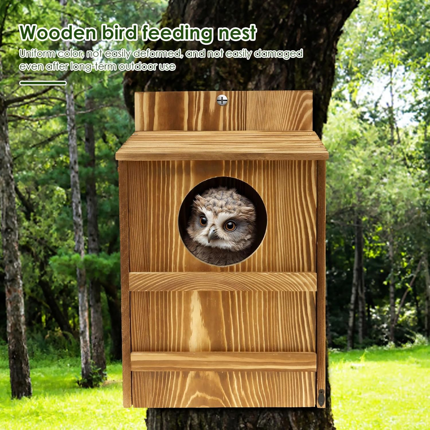 Owl House, Circular Opening Wood Birds Box, Large Size Bird Box, Easy to Install Wood Bird Box, Owl Box House with Mounting Screws for Birds