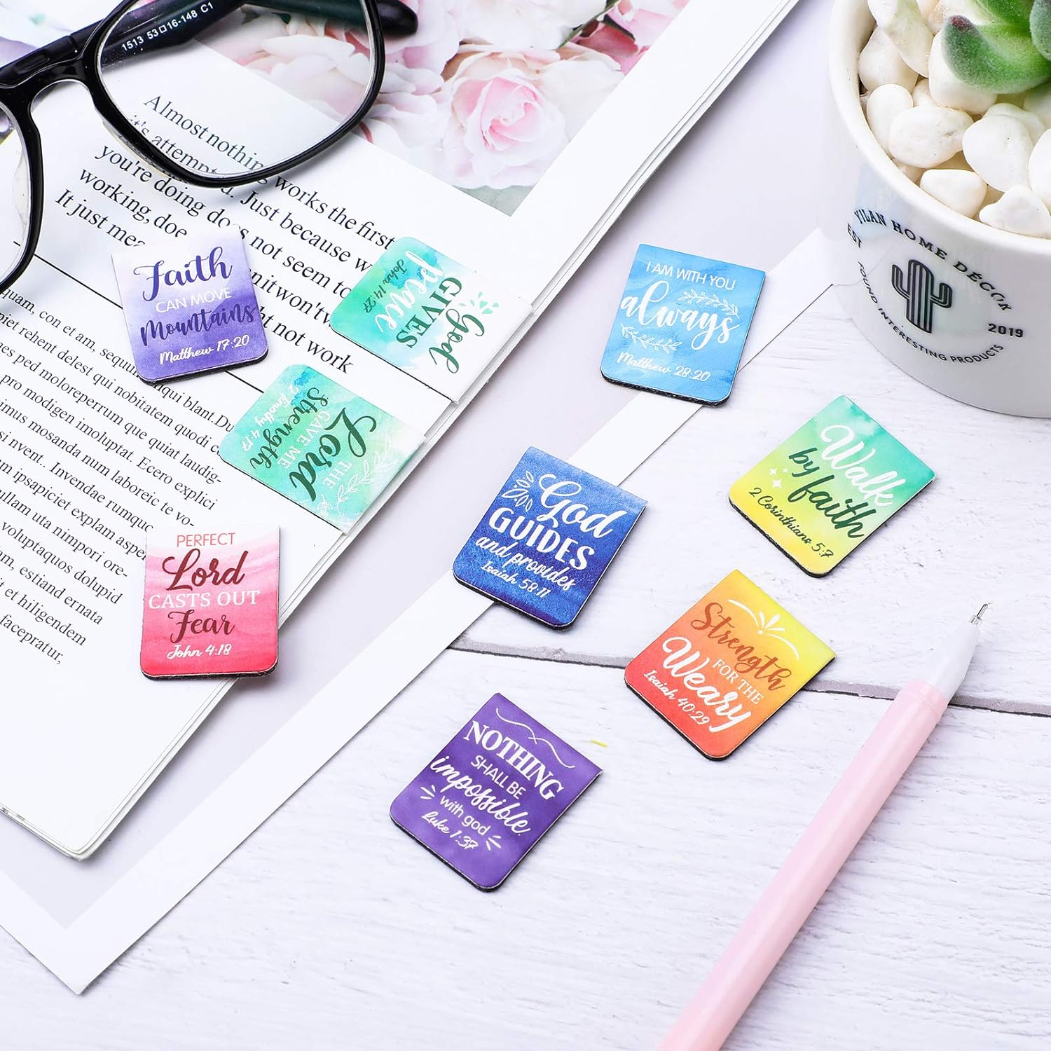 Dianelhall 96 Pieces Bible Verse Magnetic Bookmarks 16 Styles Christian Magnet Book Markers Inspirational Motivational Encouraging Magnetic Page Clip for Women Men School Office Supplies image number 4