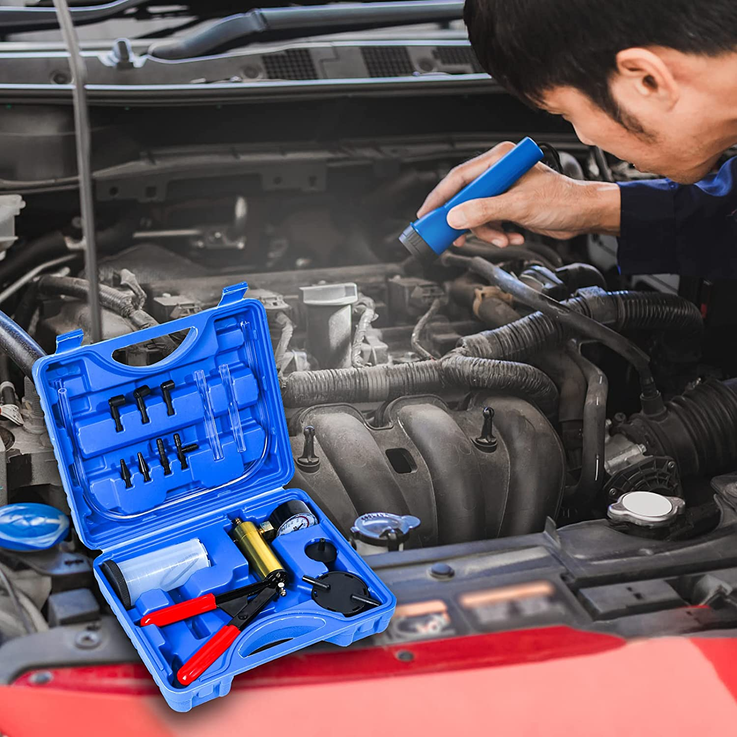 Yonligonju 2 in 1 Handheld Vacuum Pump Brake Bleeder Kit for Motorcycle 16 Pcs Brake System Bleeding Tools with Gauge Adapters Automotive Brake Fluid Bleeding Set for Bike Car Truck (Blue) image number 3