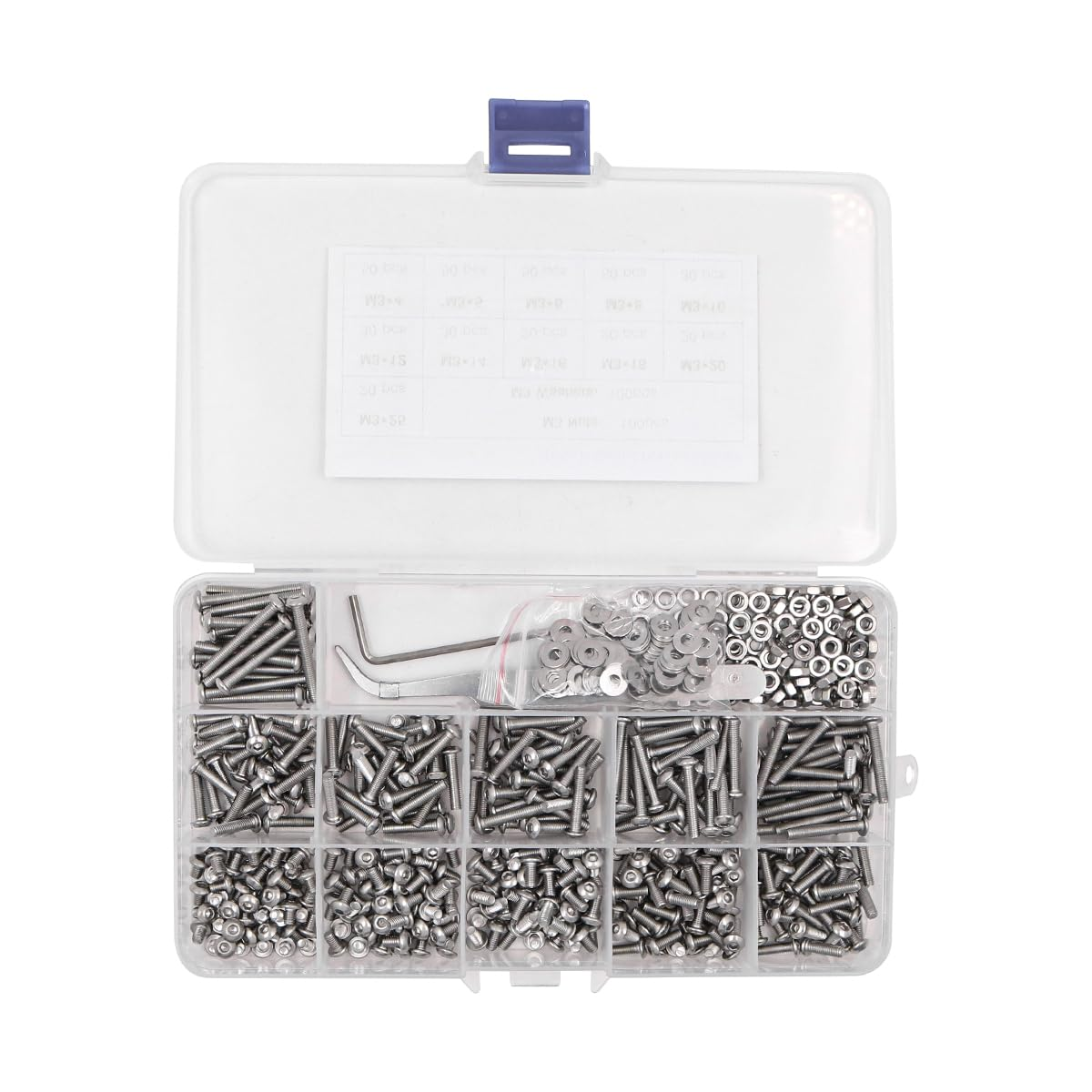 570 PCS NUZAMAS Stainless Steel M3 Button Head Hex Socket Cap Screw Bolts Screw and Nuts Flat Washer Assortment Kit with Wrench and Tweezers image number 3