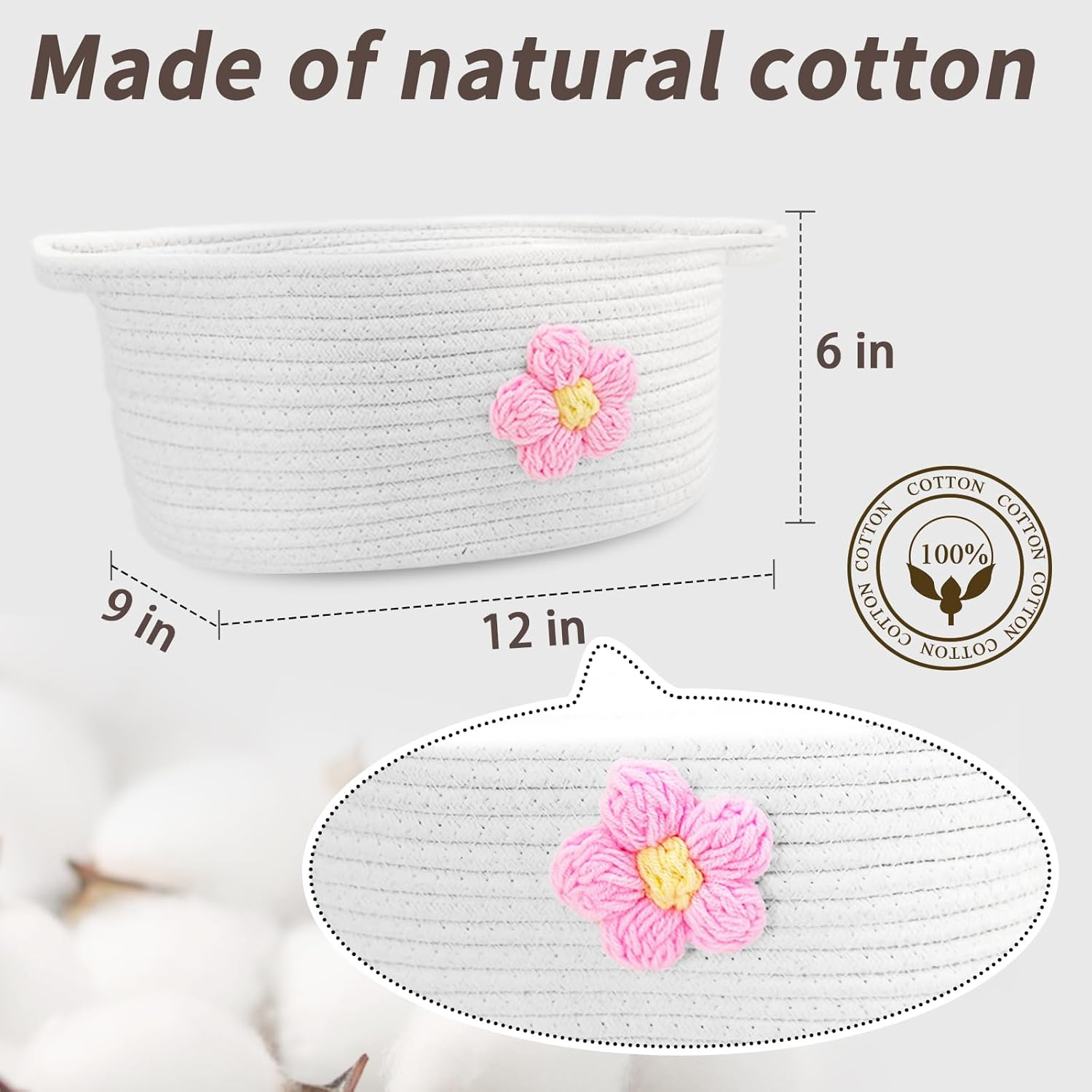 Esme L&H Small Woven Basket for Gifts Empty with Bag and Ribbon, Cute Yarn Flower Design Empty Baskets for Gift, Small Cotton Rope Organizer Bin for Various Storage Usage, 12"X9"X6" image number 5