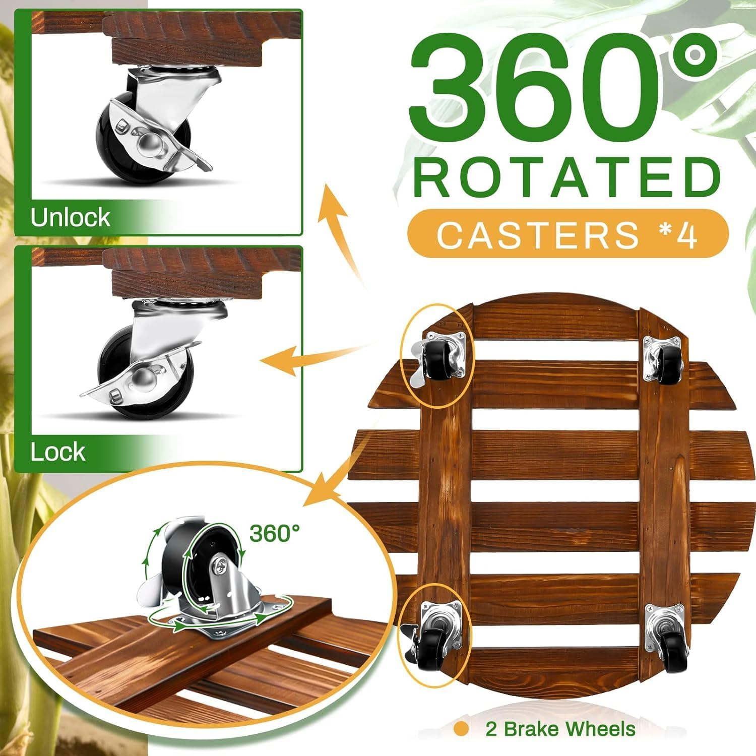 2 Pack 16 Inch/30 Cm Wooden Plant Stand with Lockable Wheels 100KG Heavy Duty Rolling Plant Stand Plant Roller with Casters Strong Plant Roller Dolly Base for Outdoor Indoor image number 3