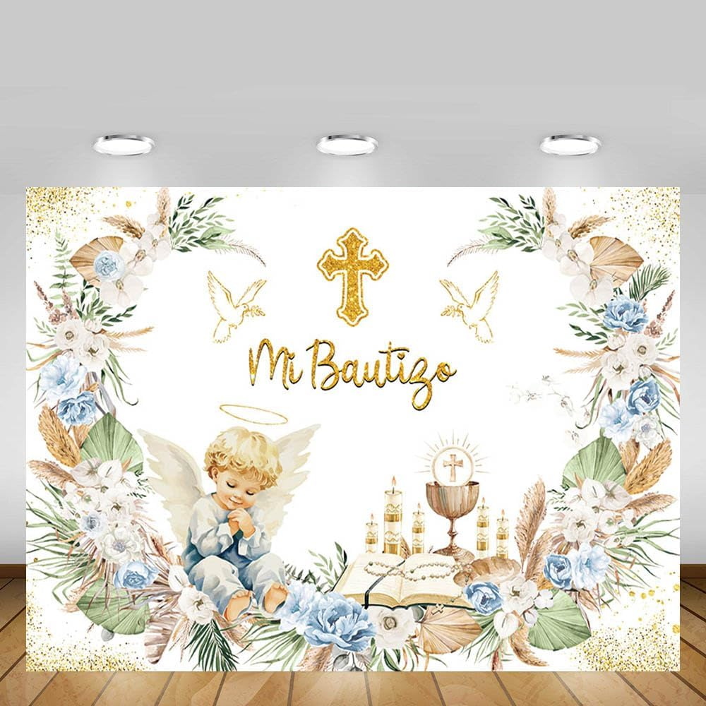 MEHOFOND 2.1 X 1.5 M Boy Christening Decoration Background Mi Bautigo Cross Bohemian Flower Photography Background First Communion Church Christening Party Decoration Banner Studio Supplies image number 1