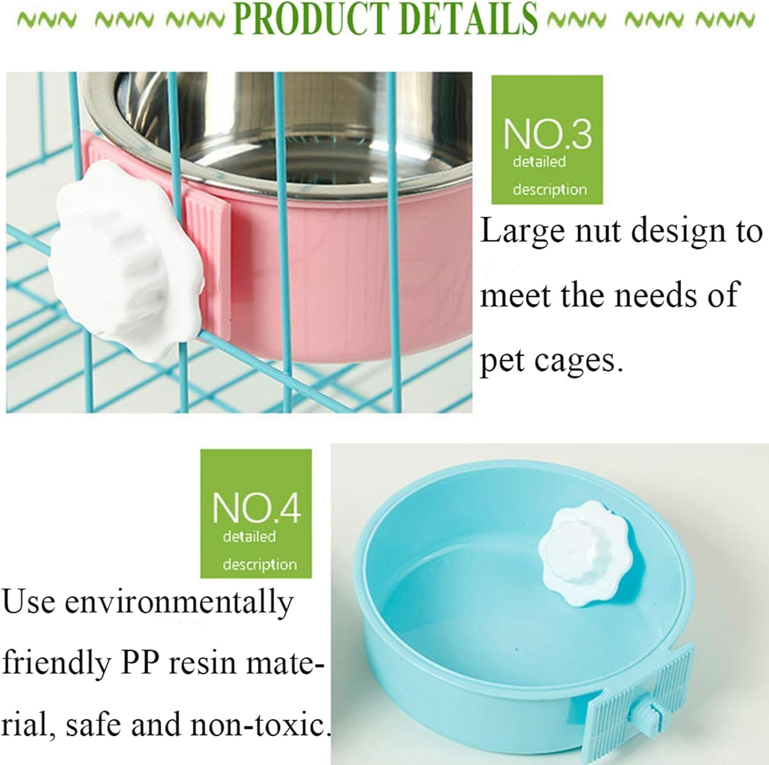 Kathson Crate Dog Bowl, Removable Stainless Steel Hanging Pet Cage Bowl Food & Water Feeder Coop Cup for Cat, Puppy, Birds, Rats, Guinea Pigs 2Pcs(Blue,Green) image number 5