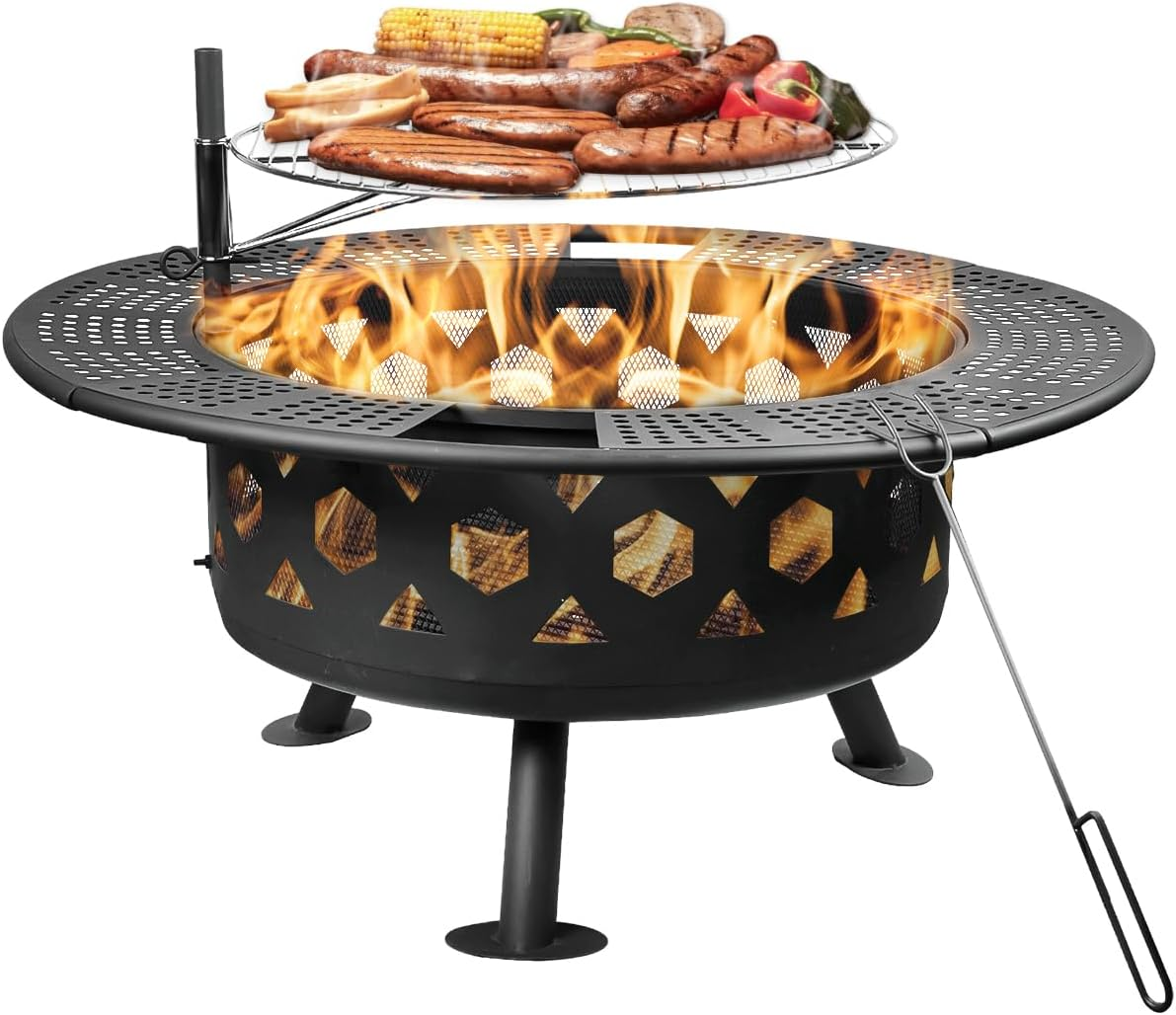 Bettermade 32 Inch Outdoor Fire Pit, 2-In-One Large Camping Fire Pits for outside with Cooking Grill and Fire Poker, Wood Burning Firepit for Bbq,Warm Up, Patio, Bonfire, Camping, Picnic.