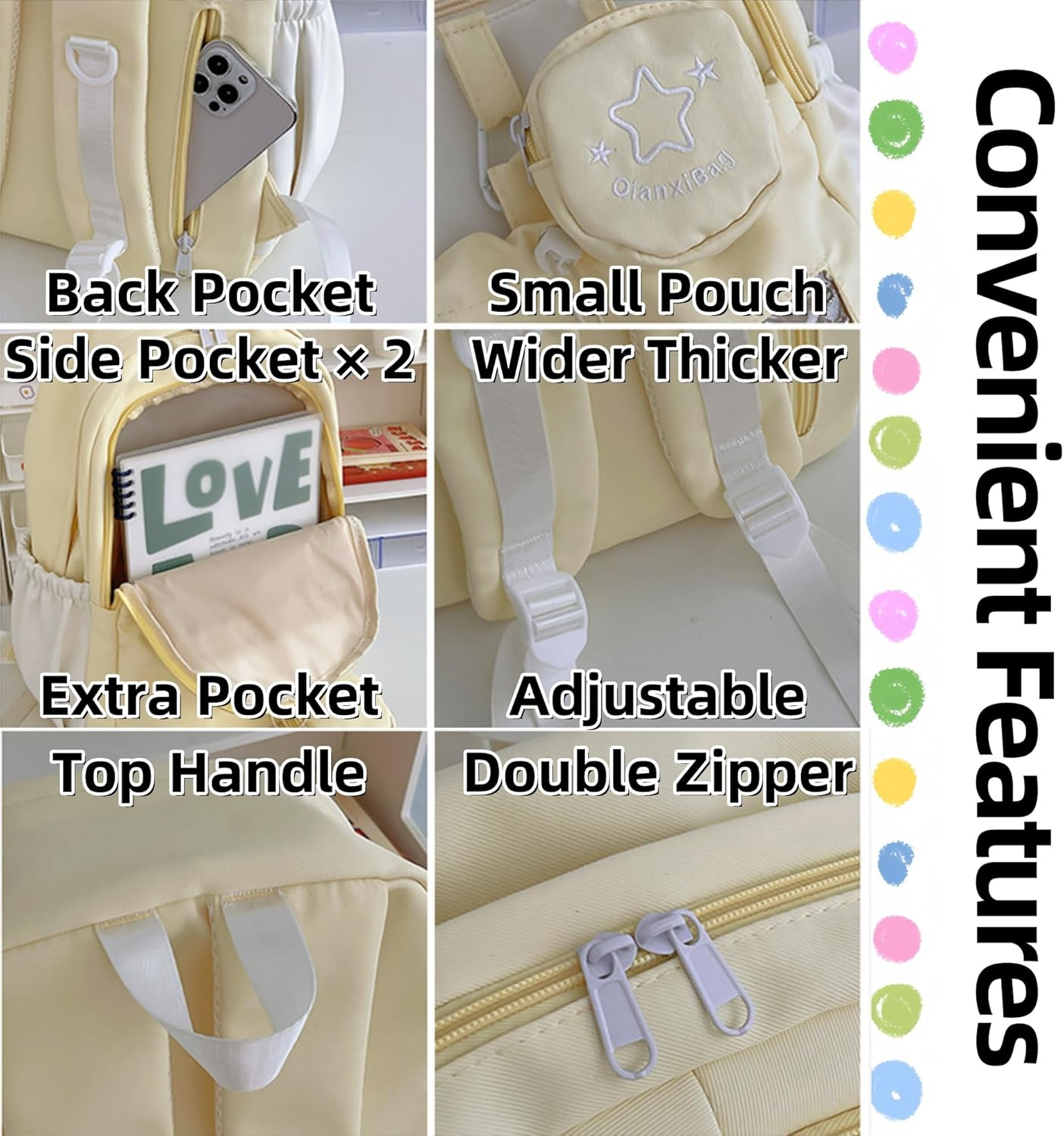 UINSUE Kawaii Backpack Double Shoulder Bag with Cute Star Removable Pouch Clear Pocket Large Capacity Dopamine Colors Daypack - Blue image number 4