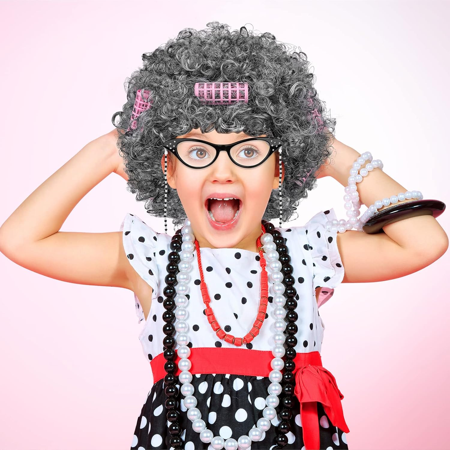 ADXCO 6 Pieces 100 Days of School Old Lady Wig Party Costume Cosplay Set Cane Curling Irons Cat Eye Glasses Necklace Bracelet Light Gray image number 1