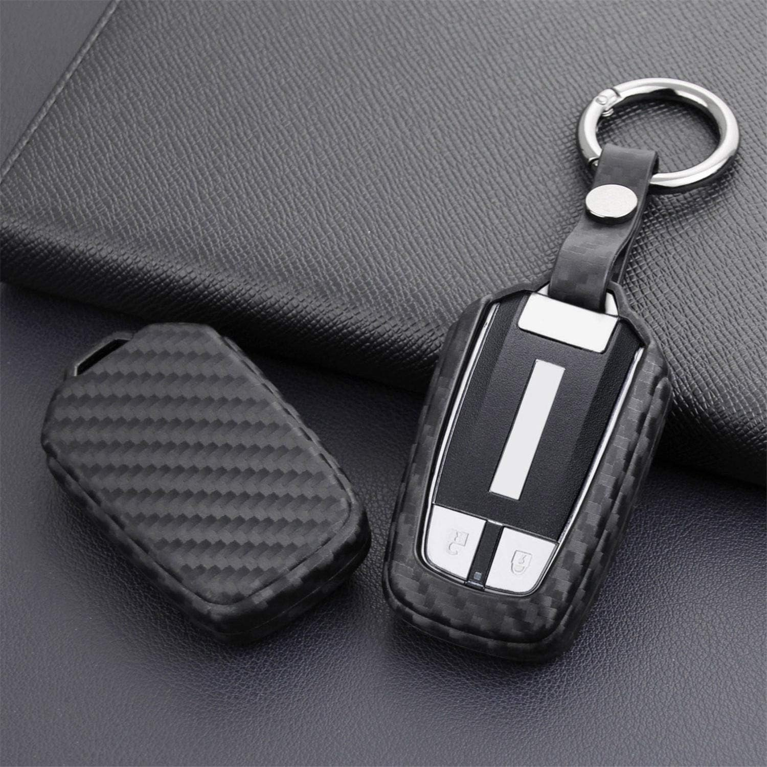 M.Jvisun Soft Silicone Rubber Carbon Fiber Texture Case Key Fob Cover for Isuzu D-Max MU-X Car Remote Key Shell - Black - round Keychain image number 2