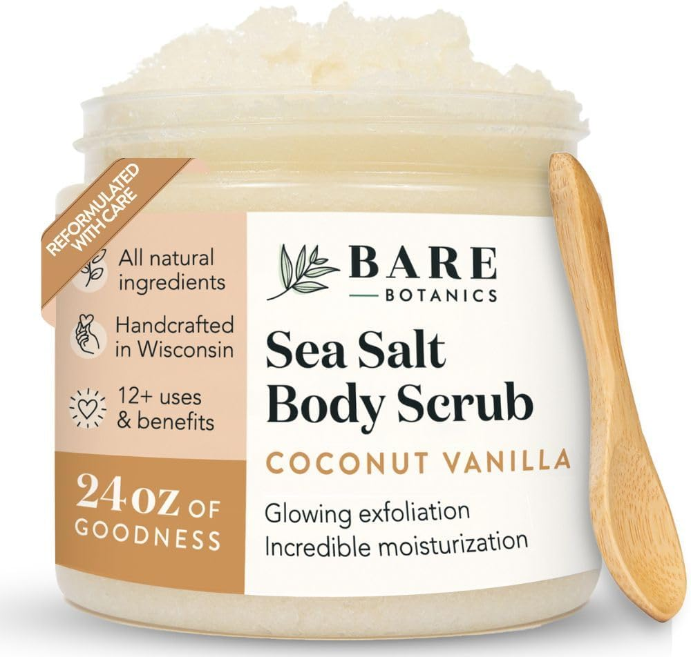 (Coconut Vanilla) - Bare Botanics Coconut Vanilla Dead Sea Salt Body Scrub, Large 470Ml, Wet Skin Moisturiser & Skin Exfoliator, Organic and All Natural Booty, Hand, and Foot Scrub for Dead Skin