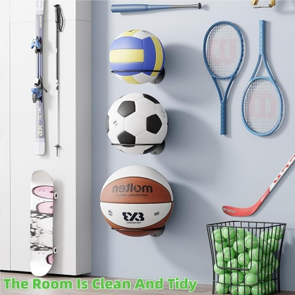 DACUAN 2PCS Basketball Holder Wall Mount - Sports Ball & Football Display Rack with Storage, Perfect Sports Room Decor and Boys Room Accessories for Sport Fans. image number 3
