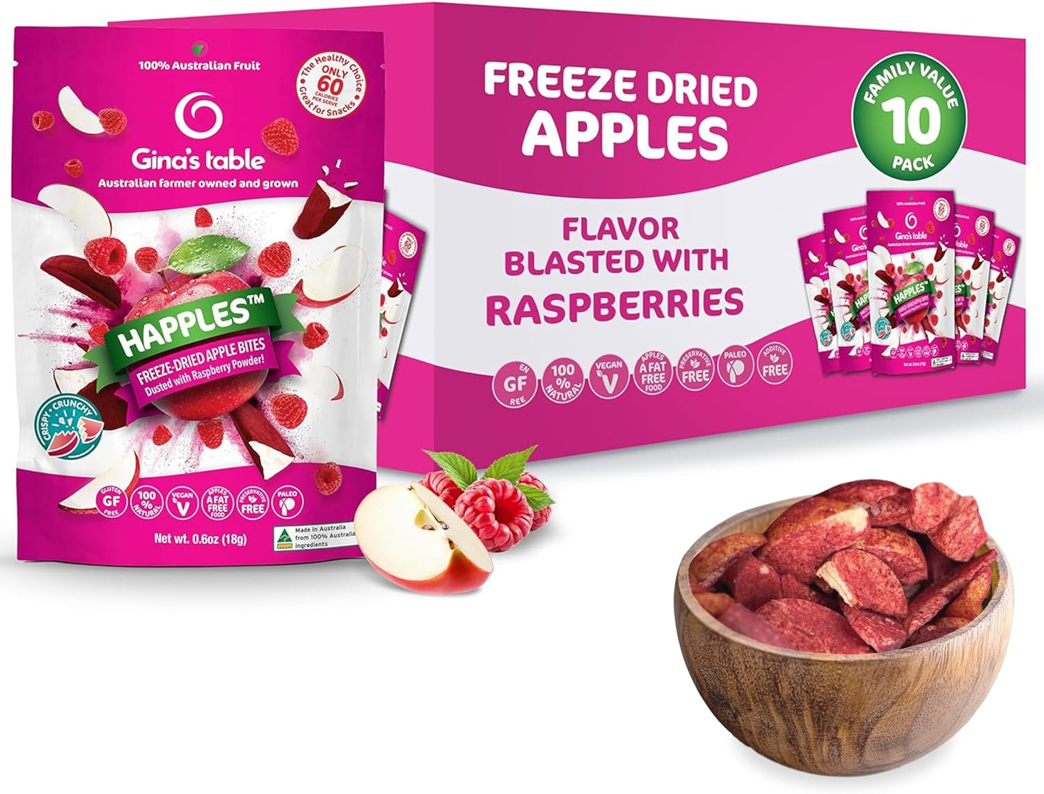 Gina&rsquo;S Table Happles 18G Freeze-Dried Fruit Snack &ndash; Natural Freeze-Dried Fruit &ndash; Apple Crisps &ndash; Healthy Fruit Snacks for Kids &ndash; Low-Calorie Snacks &ndash; Apple & Raspberry (10 Pack) image number 2