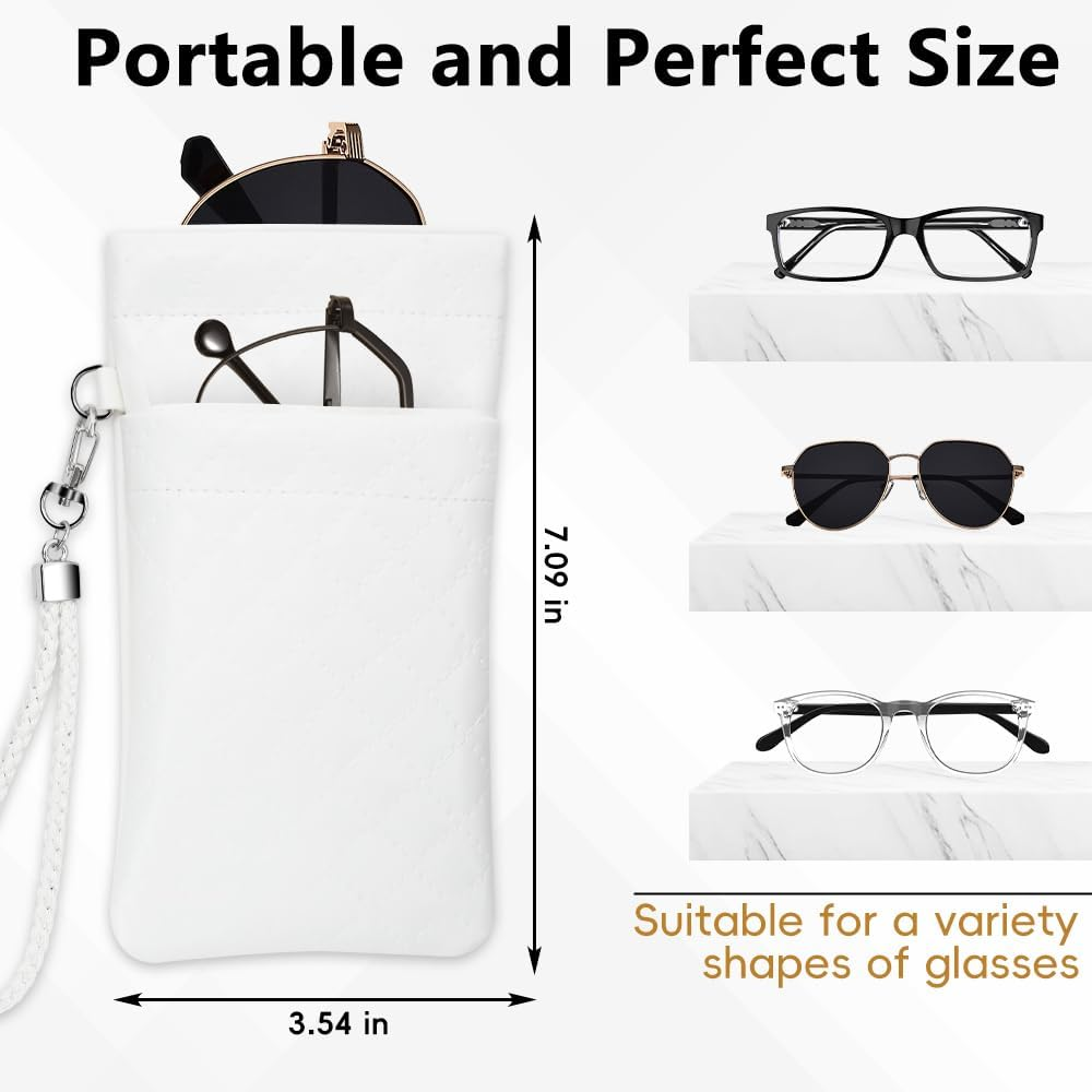 RETON 3 PCS Double Eyeglasses Case with Carrying Strap, Pink Black and White Color Sunglasses Pouch Soft Portable PU Leather Case for Women Men image number 5