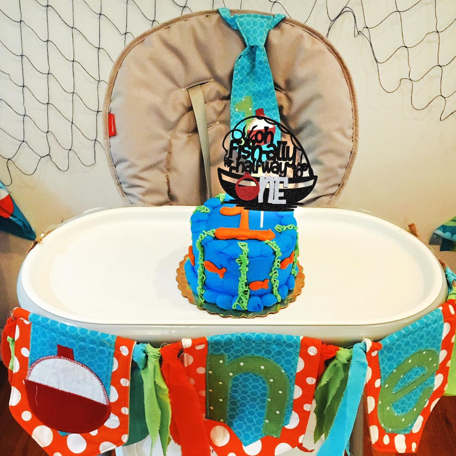Little Fisherman Half Way to One Birthday Cake Topper, Boy Fishing Birthday, Lakeside Party, 6 Months, Happy 1/2 Birthday, Baby Shower Party Decorations Supplies, Blue Glitter image number 2