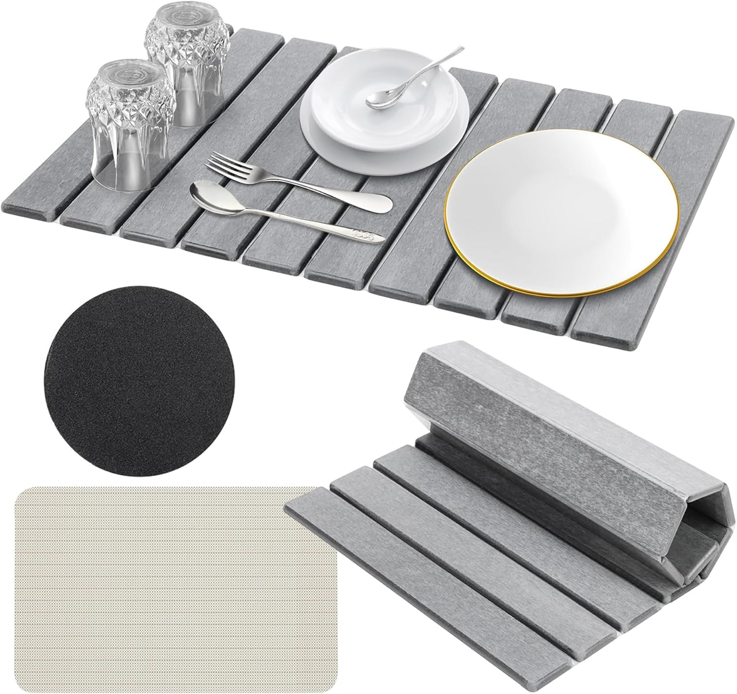 Diatomaceous Earth Dish Drying Mat, Fast Dry Stone Kitchen Counter Pad, Foldable Large Absorbent Dish Drying Stone Mat for Kitchen Dishes Bottles Cups Bathroom Any Countertop (White-Ellipse, 60X39Cm)