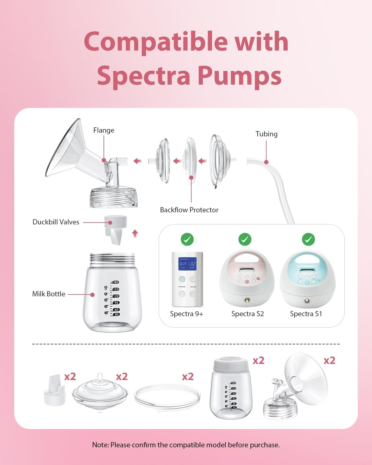 Breast Pump Parts Compatible with Spectra S1/S2/9 Plus, Not Original Accessories, Full Set Replacements Include 24Mm Flanges, Valves, Backflow Protectors (Duckbills Included), Tubings and Bottles image number 3