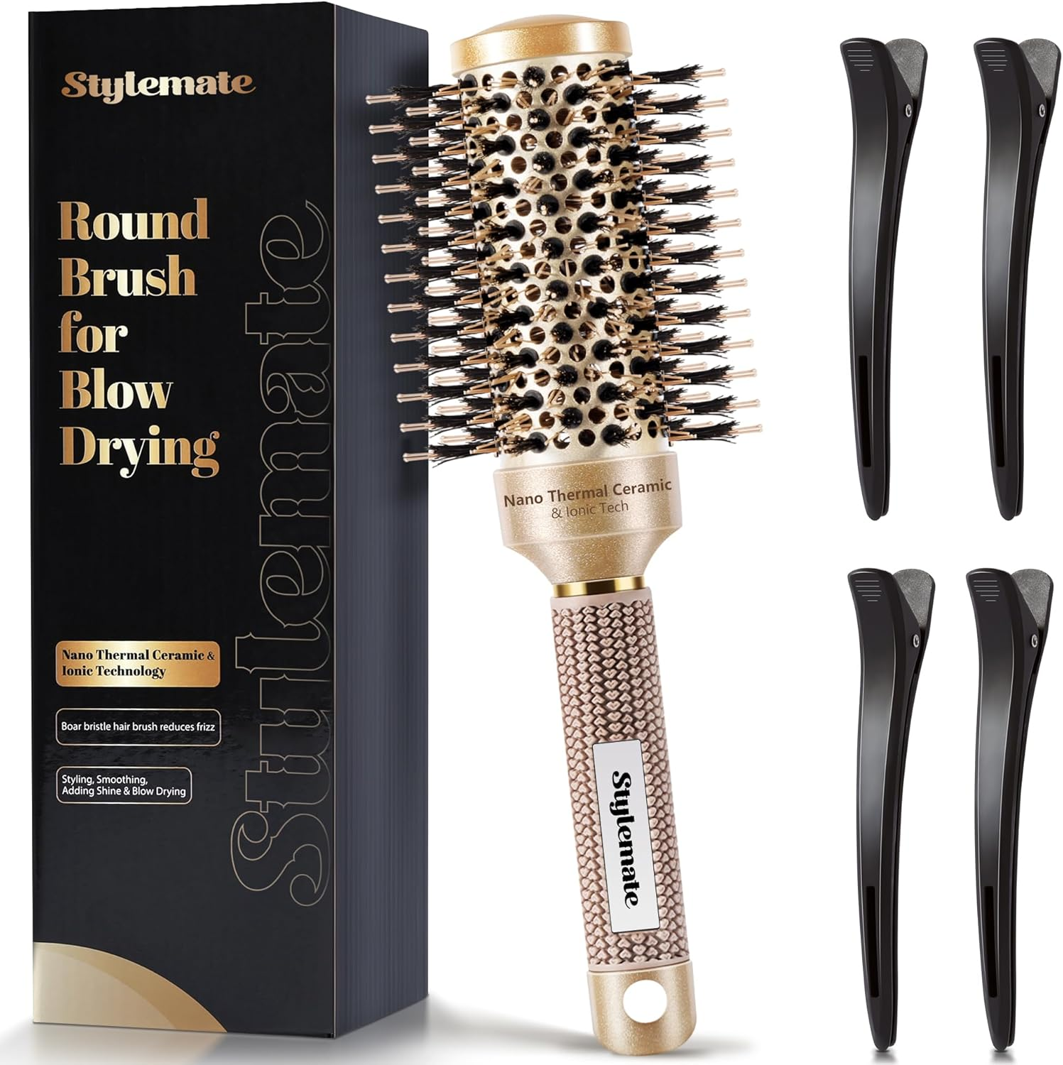 Round Brush for Blow Out, Nano Thermal Ceramic & Ionic Tech round Barrel Hair Brush with Boar Bristles and Nylon Pins, Roller Brush for Blow Drying and Styling, 4 Free Clips (Barrel 1.7 Inch, 45Mm) image number 4