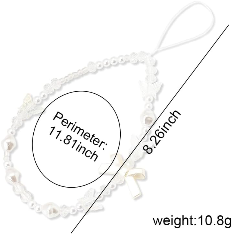 Beaded Cell Phone Lanyard for Women Girls - Bowknot Butterfly Pearl White Charm Bracelet - Handmade Anti-Lost Chain Cute Wrist Strap for Case image number 4