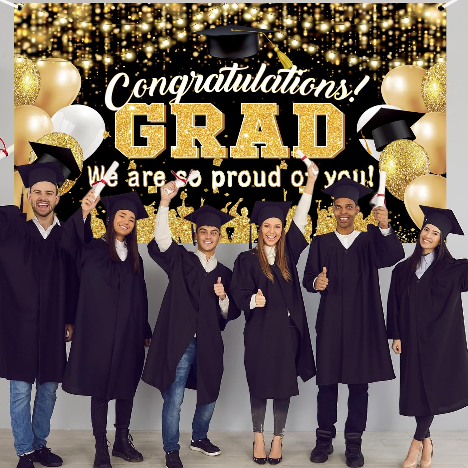 Yuanbigtai Graduation Background Banner 78" X 45" Extra Large and Black Gold Backdrop Congrats Grad We Are Proud of You Cap Diploma Party Decorations Supplies for Indoor Outdoor Photo Booth Props image number 6
