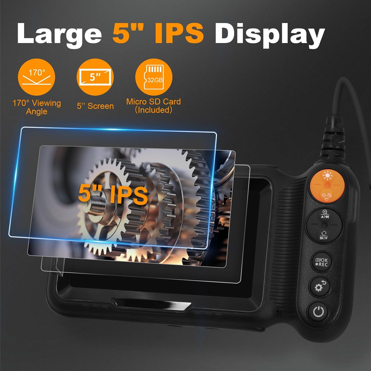 Dual-Lens Industrial Borescope Camera with 5 Inch IPS Screen, 32GB Memory Card, Photo/Video Recording Enabled, 16.5FT/5M Semi-Rigid Cable with 8+1 Adjustable Leds, IP67 Waterproof image number 1