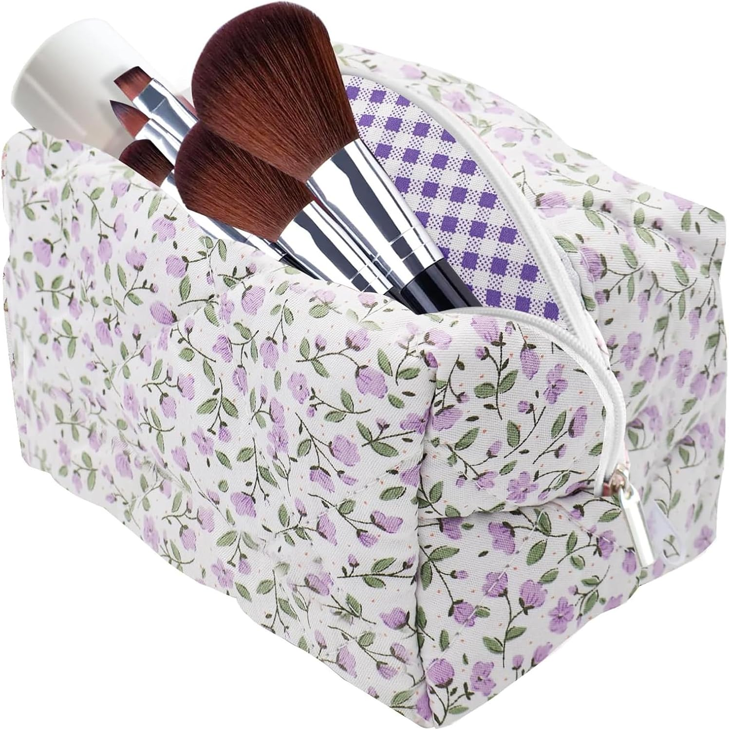 LUHOCIY Cosmetic Bag Flowers, Quilted Cosmetic Bag, Make up Bag, Made of Soft Cotton Material with Zip for Holding Various Make-Up Utensils, Purple, in a Sweet and Fresh Morandi