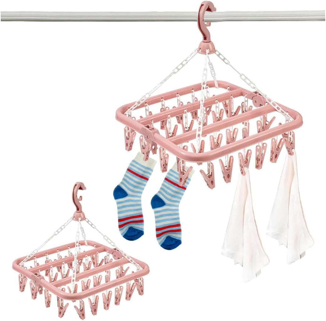 Idopick 2 Pack Clothes Hanger Drying Rack with 32 Clips, Plastic Clothes Drying Hanger and Drip Foldable Hanging Rack Windproof Pegs Hook for Drying/Socks/Underwear/Clothes/Towels (Pink)