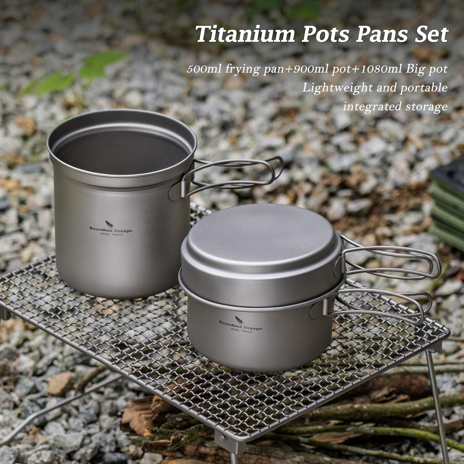 Boundless Voyage Titanium Pots and Pans with Folding Handle Outdoor Camping Soup Pot Bowl Frying Pan Mess Kit Hiking Picnic Travel Backpacking Cookware Tableware Ti1585B 500Ml+900Ml image number 2