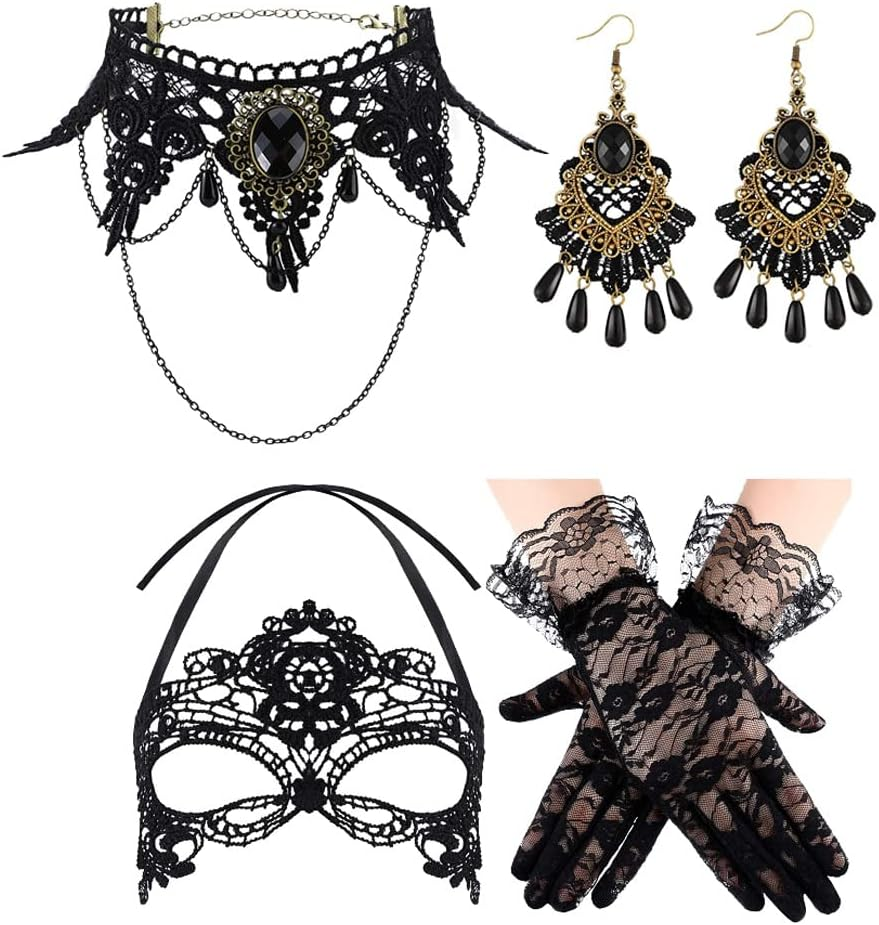 WOTOW 4Pcs Halloween Masquerade Costume, Women Girls Black Gothic Choker Lace Mask Elegant Mesh Lace Gloves Retro Earring for Victorian Steampunk Jewelry Party Wedding Cosplay Suit image number 2