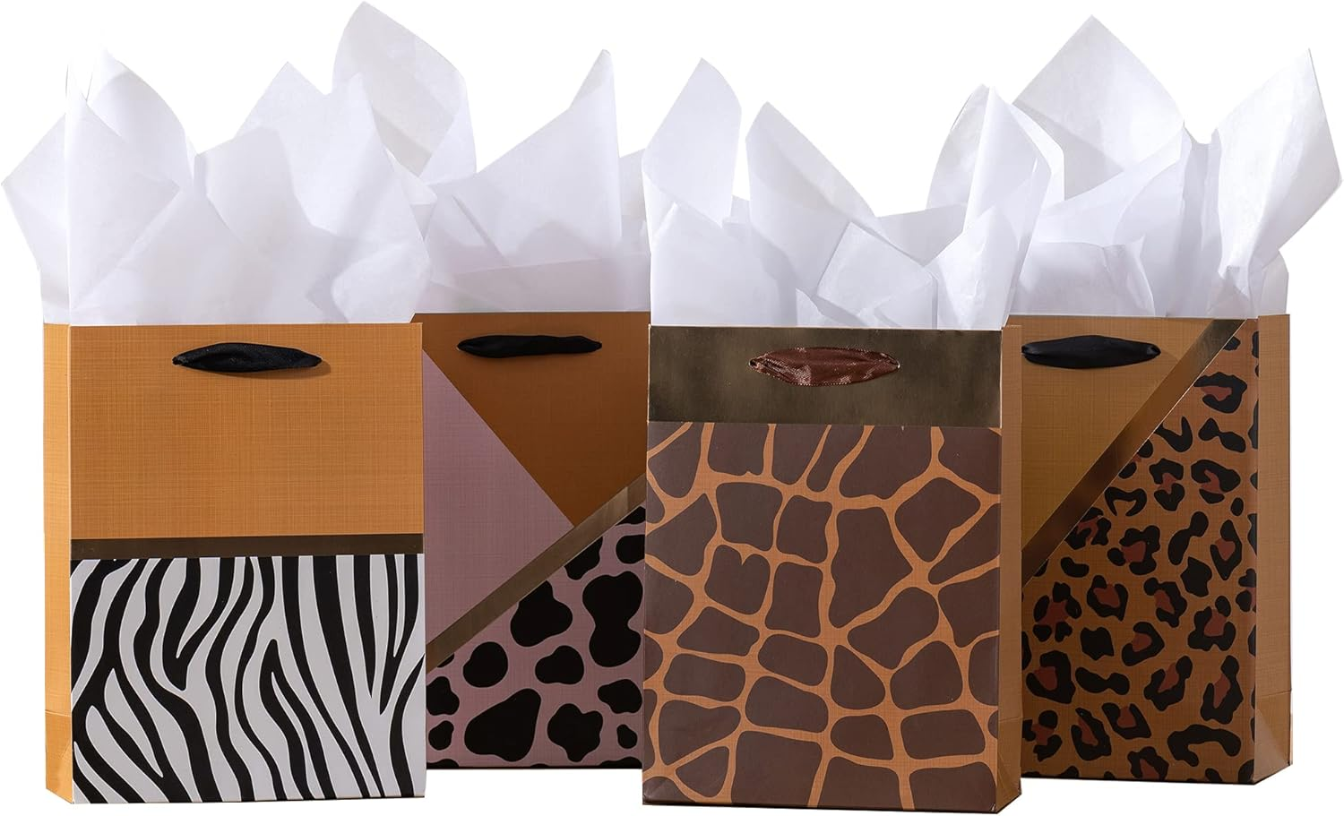 4 Pack Gold Gift Bags with Tissue Paper, 7X3X9 Inch, Perfect for Birthdays, Showers, Fathers' Day, Christmas, Weddings and Parties