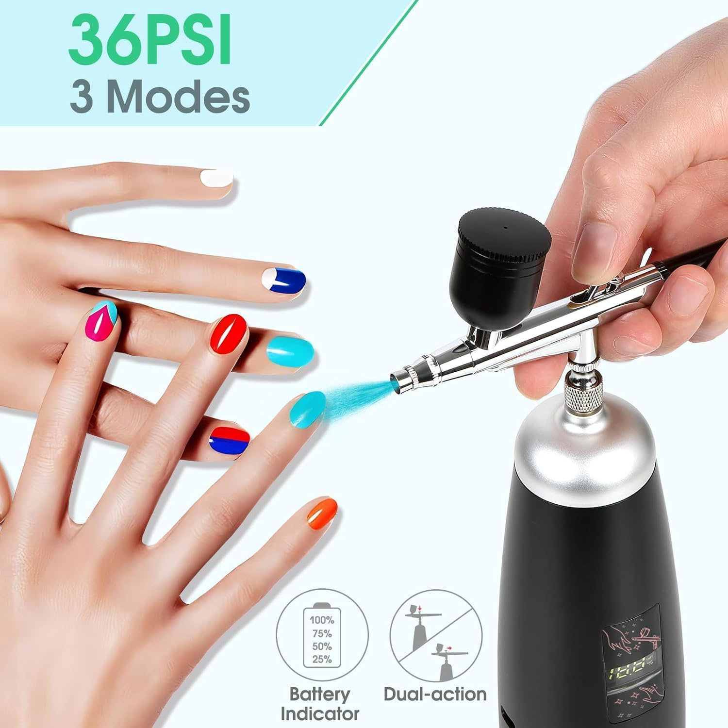 Airbrush Kit 36PSI with Compressor Portable Cordless 2600Mah Rechargeable Paint Spray Pen Set for Multi-Purpose Kit like Makeup, Cake Decoration, Coloring Patterns, Nail Art, Tattoo image number 3