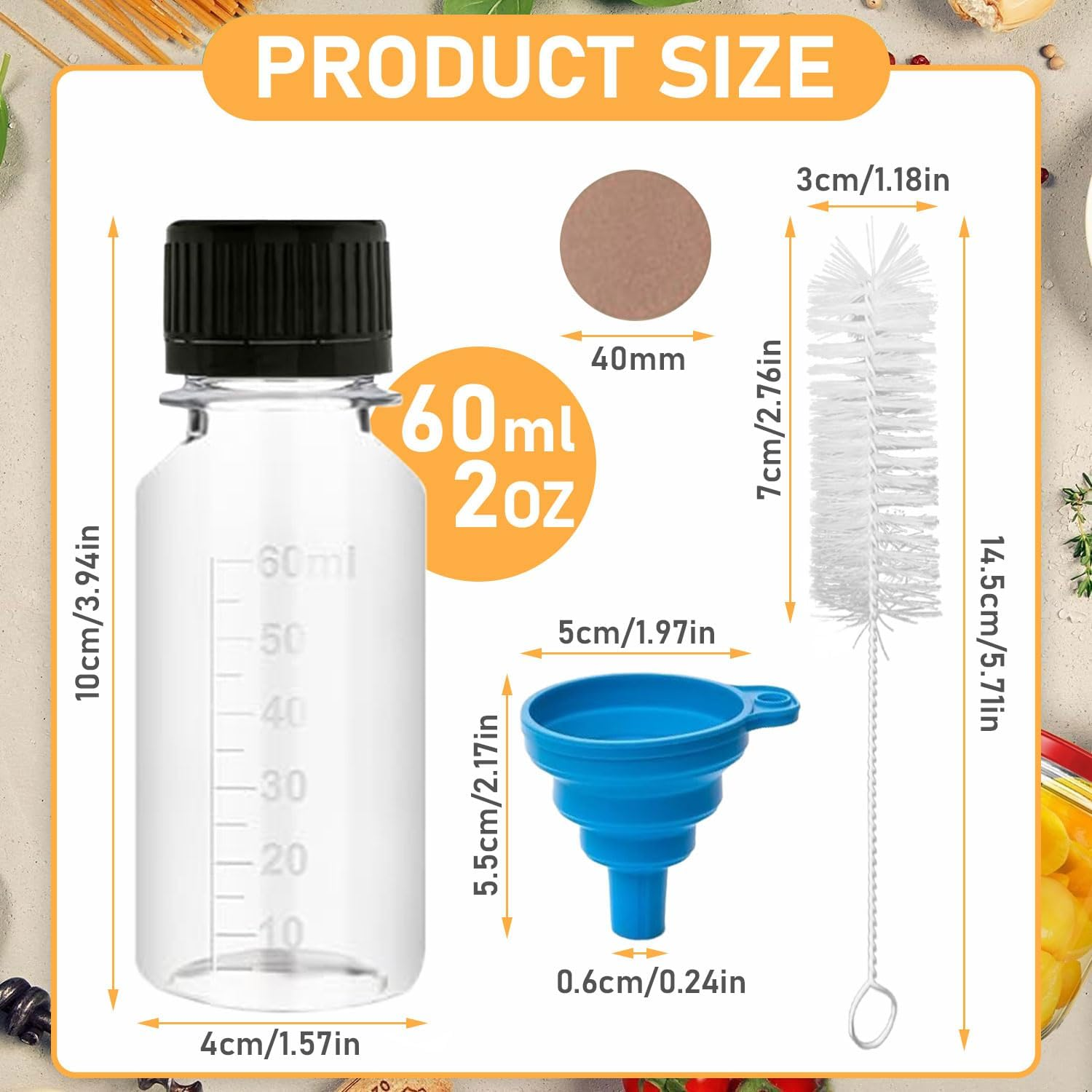 45 Pcs Mini Liquor Bottles, 2Oz Mini Empty Plastic Alcohol Shot Bottles, Plastic Flasks with Black Lid, 48 round Stickers, 2 Funnels and 1 Cleaning Brush, Suitable for Weddings, Parties, Camping image number 4