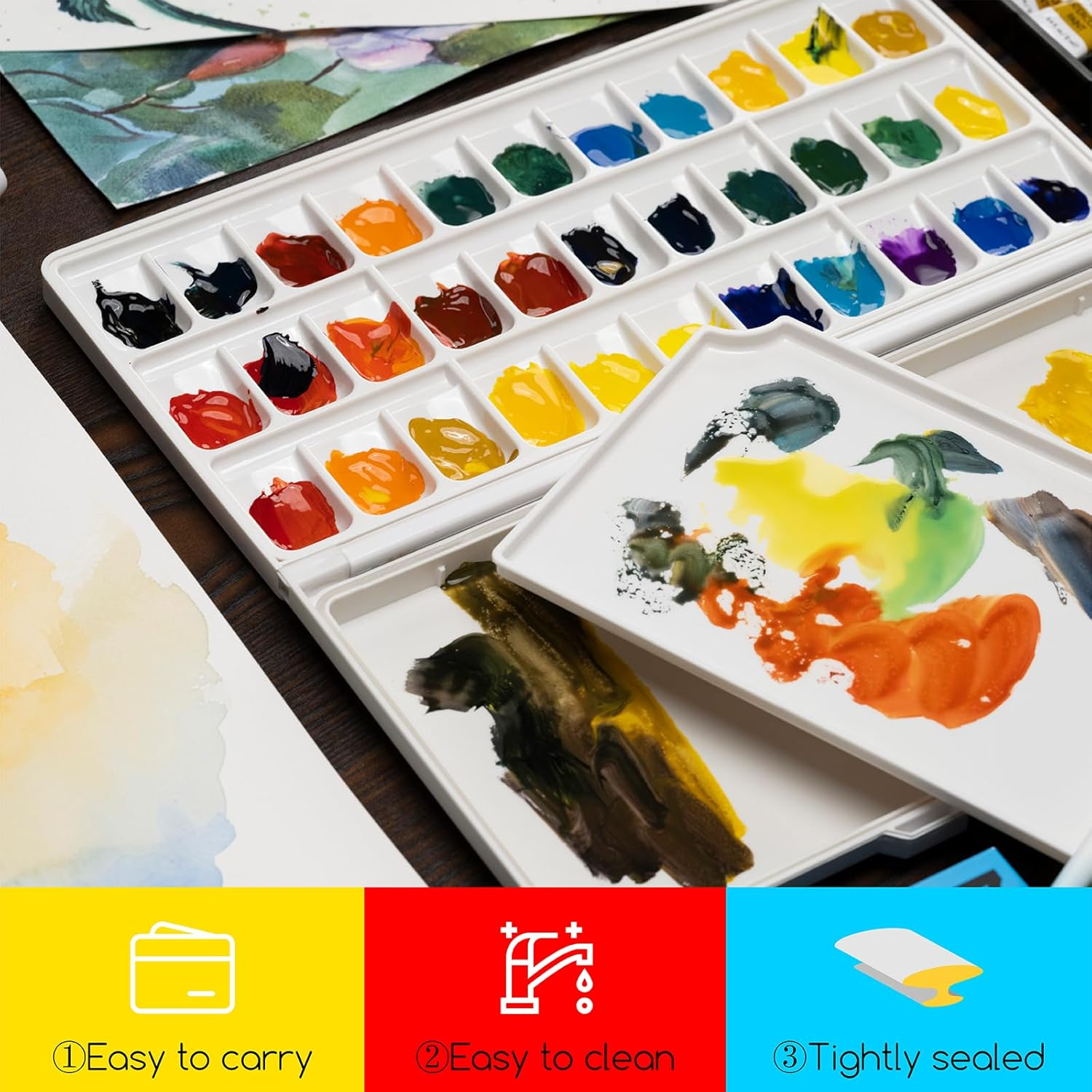 MEEDEN Airtight Watercolour Paint Palette: Leakproof Portable Travel Palette with Lid - 33 Wells Folding Palette with Large Mixing Tray for Watercolor, Gouache, Acrylic Paint (Yellow) image number 3