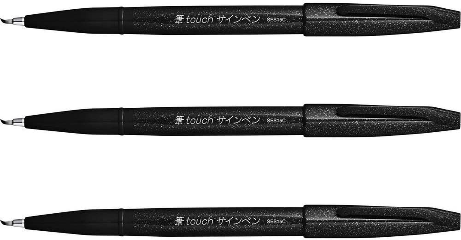Pentel Fude Touch Sign Pen, Black, Felt Pen like Brush Stroke (SES15C-A) 3 Pieces image number 6