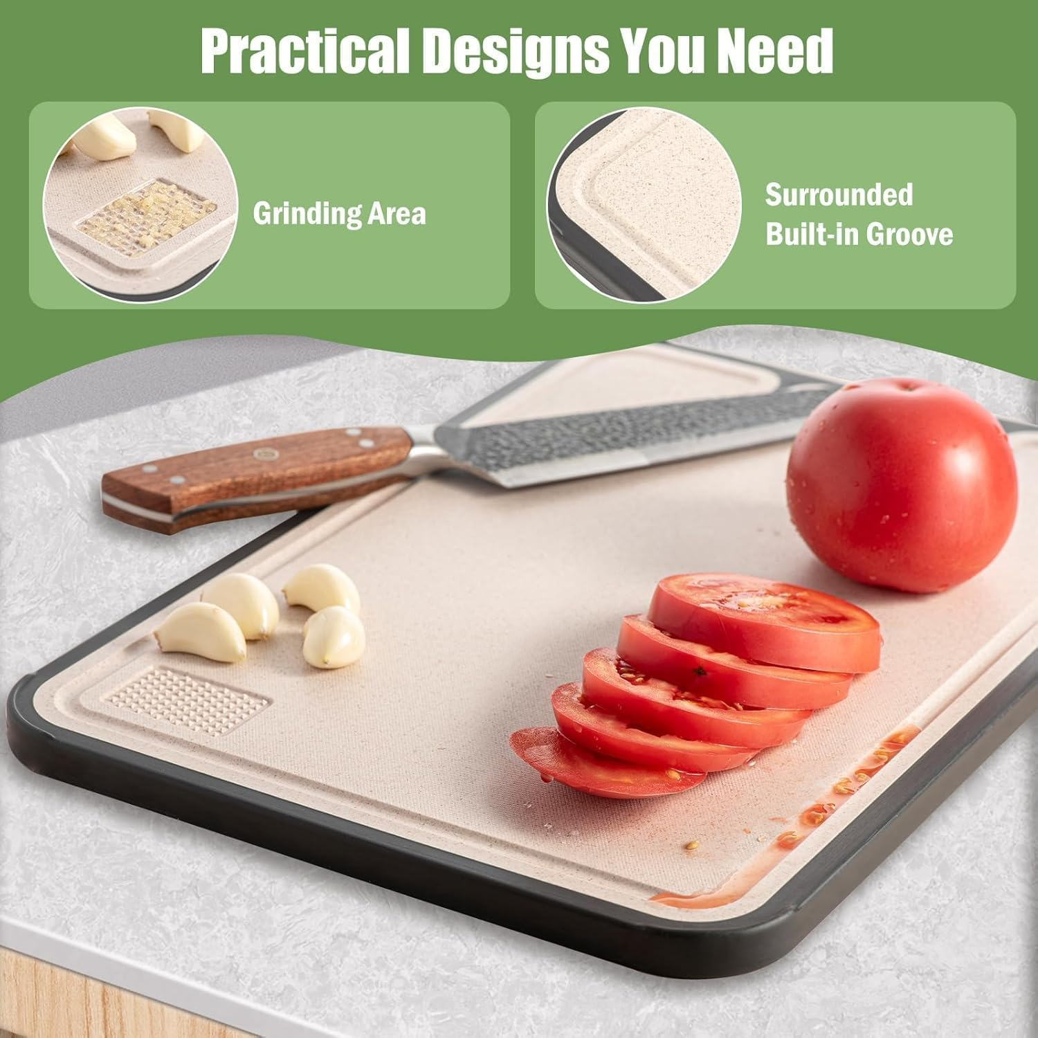 Titanium Cutting Board for Kitchen, 15&rdquo; Double Sided Cutting Board Pure Titanium and Wheat Straw PP for Meat & Veggie, Non-Slip image number 5