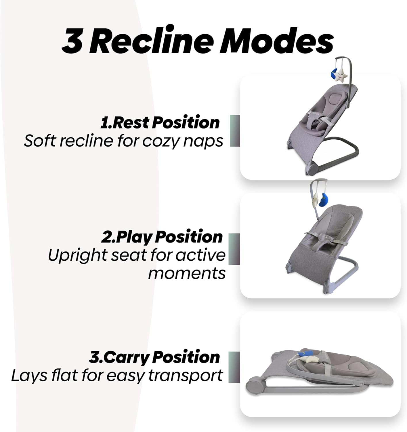 Baby Bouncer Seat for Newborns to 12 Months | Foldable & Lightweight Bouncy Chair with 3 Recline Positions | Soft Mesh Fabric | No Battery Rocker | Infant Bouncer from Birth to Toddler image number 6