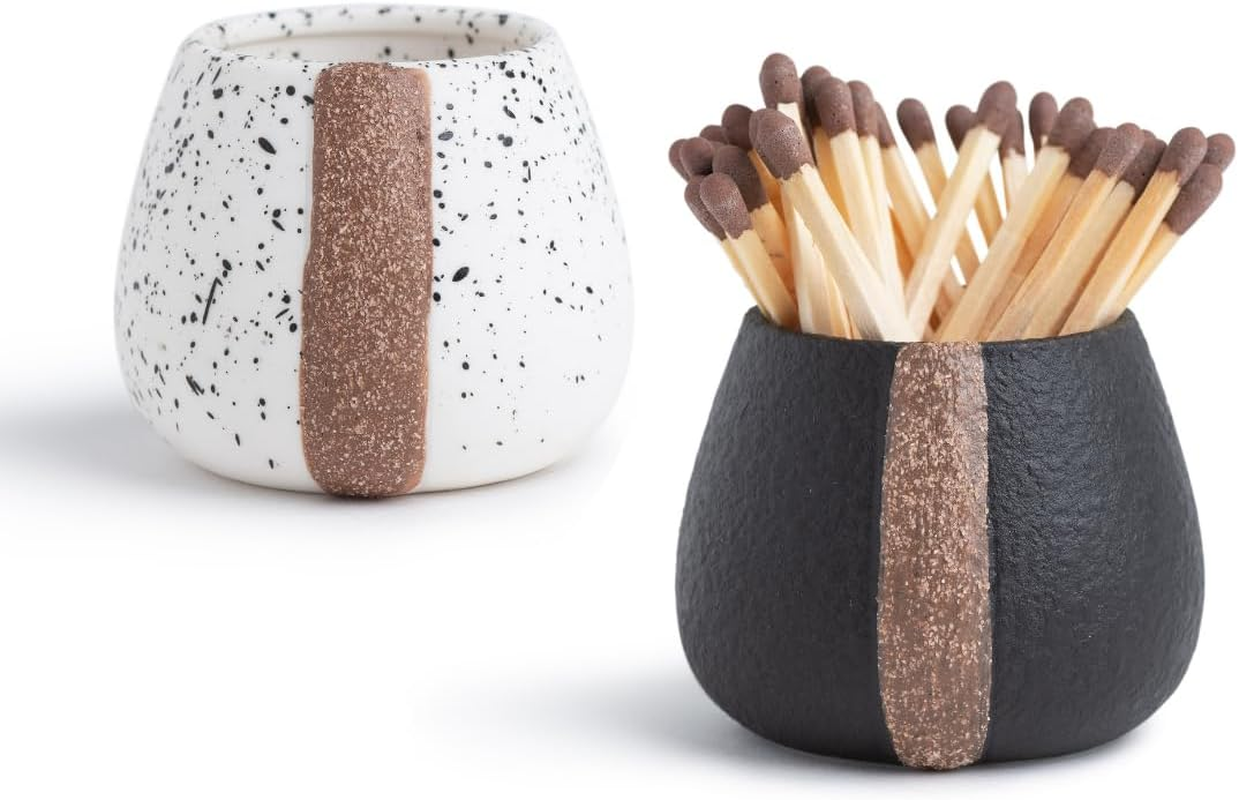 Ceramic Match Holder with Striker - Set of 2 - Cute and Fancy Matches in a Jar - Decorative Modern Home Decor Gifts - Mantel Decorations - Matches NOT Included