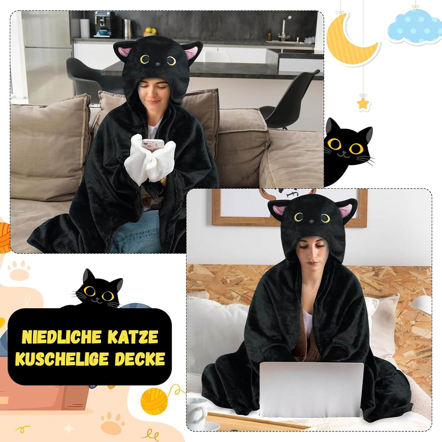 MUFEIRUO Portable Blanket, Black Cat Portable Hooded Blanket, Cosy Flannel Fleece Hoodie Throw Coat Wrap for Winter image number 3