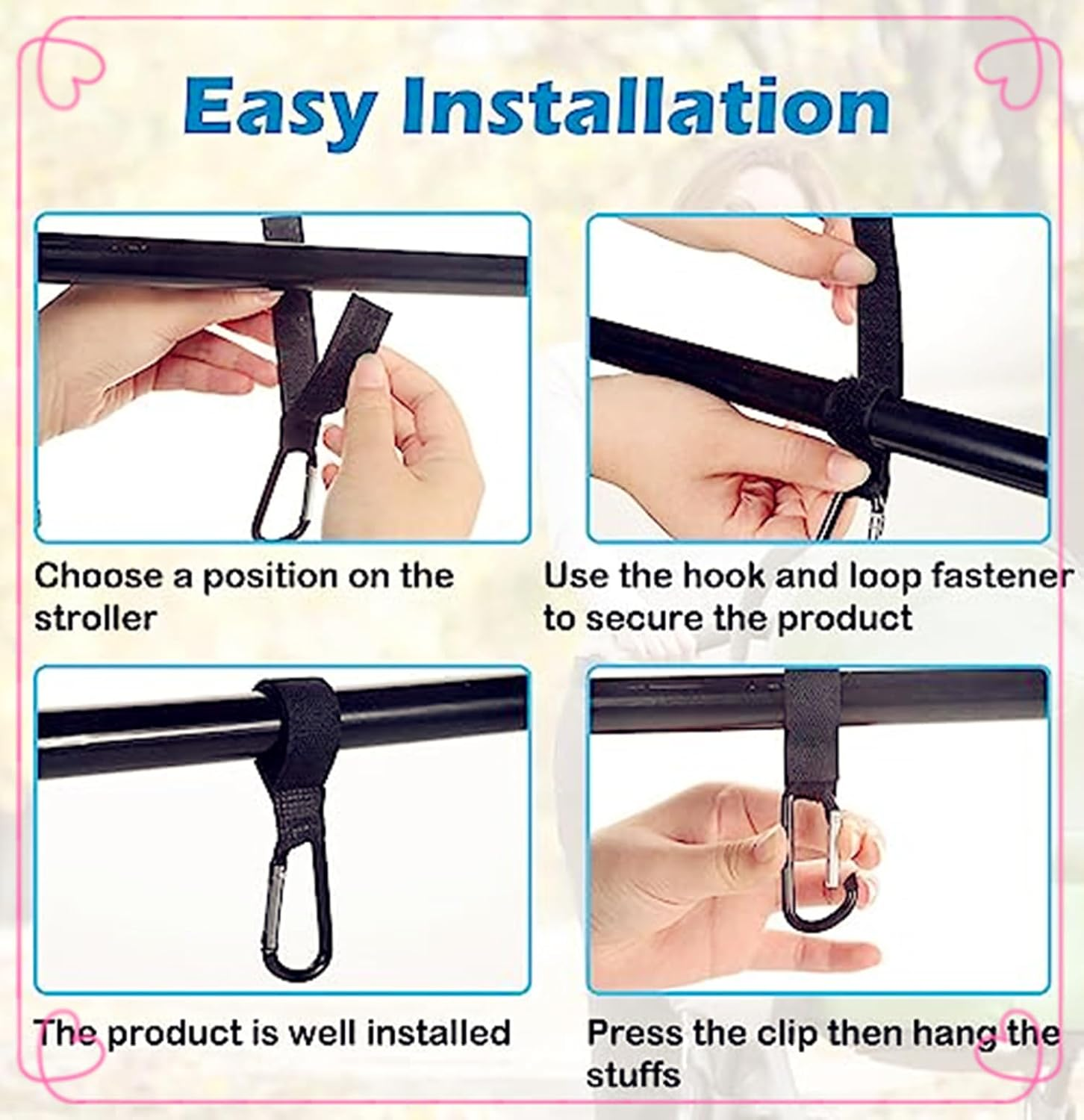 4 PCS Buggy Clips Hooks Baby Bag Clips,Pushchair Hooks,Pram Clips Adjustable Stroller Hooks for Hanging Baby Diaper Bags Change Bag, Multipurpose Hooks for Backpack, Shopping Bags, Purse (Black) image number 3