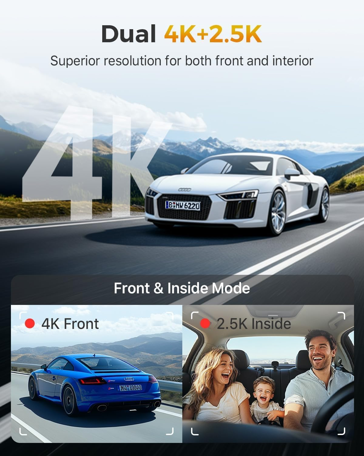 GKU 4K 3 Channel Dash Cam, 5.8Ghz Wifi Built-In GPS, 4K+1080P+1080P Dash Cam Front and Rear Inside, 64GB Card Inserted, 24H Park Mode, Triple Car Camera 3 Inch Screen image number 5