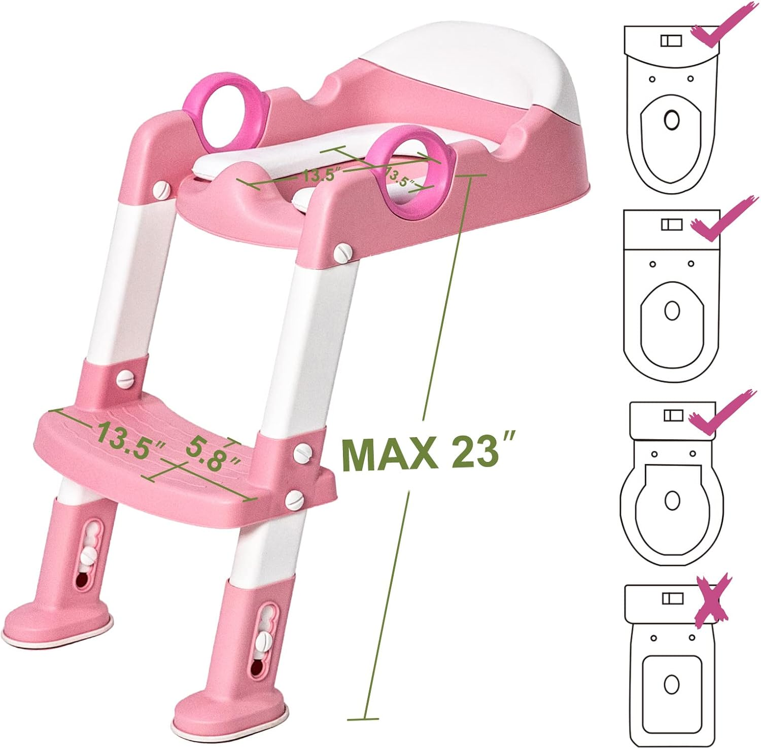 Potty Training Toilet Seat with Step Stool Ladder for Boys and Girls Baby Toddler Kid Children Toilet Training Seat Chair with Handles Padded Seat Non-Slip Wide Step(Pink) image number 3